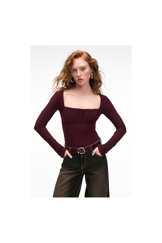 Grımelange SILIVRA Kadın Havuz Yakalı Esnek Kumaşlı Slim Fit Bordo Bluz