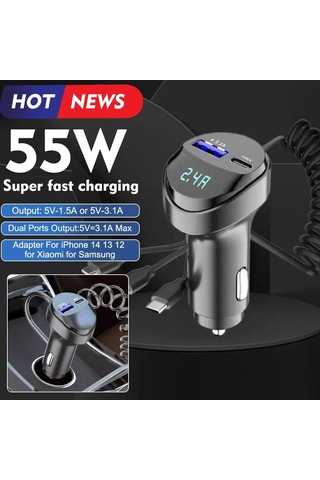 55w 2 Portlu Hızlı Telefon Şarj Cihazı 3.1a Üçlü Geri Çekmeli Voltaj Siyah-çin