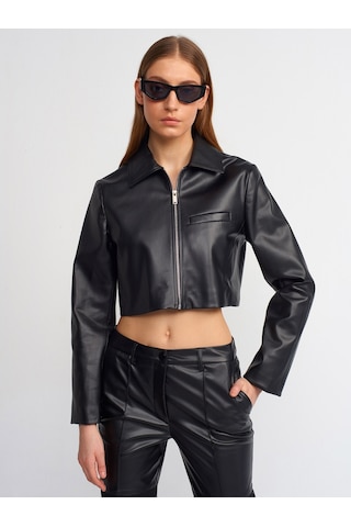Dilvin Crop Suni Deri Ceket Siyah