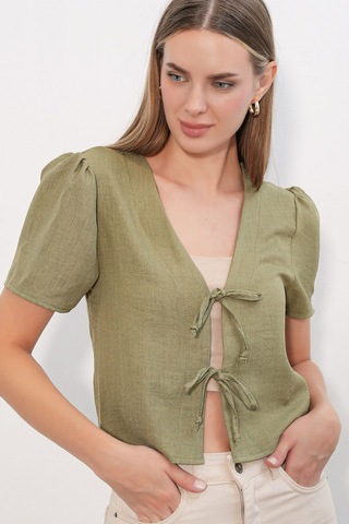 Hiccup Bdart Dokulu V-yaka Keten Karışımlı Crop Top Haki