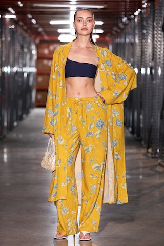 Grımelange Narvena Kadın Keten Karışımlı Baskı Detaylı Rahat Kalıp Sarı Baskılı Kimono