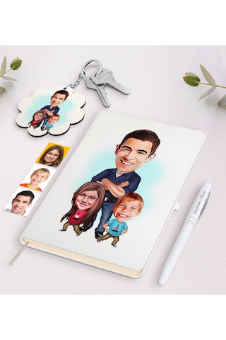 Kişiye Özel Baba Kız Oğul Karikatürlü Beyaz Defter Kalem Ve Anaht
