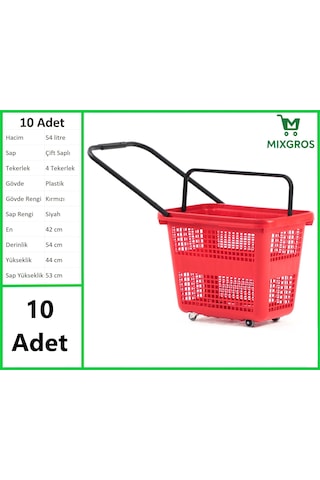 Tekerlekli Plastik Market Alışveriş El Sepeti 54 Litre Kırmızı 10 Adet