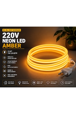 Amber 5 Metre Tak Çalıştır Yüksek Performanslı Borsan 220v Neon Led Amber Montaj Aparatı Dahil 5 Metre Amber