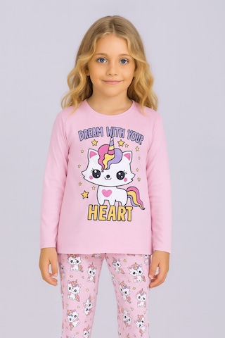 Kız Çocuk Uzun Kollu %100 Pamuklu Pijama Takımı Unicat Pembe