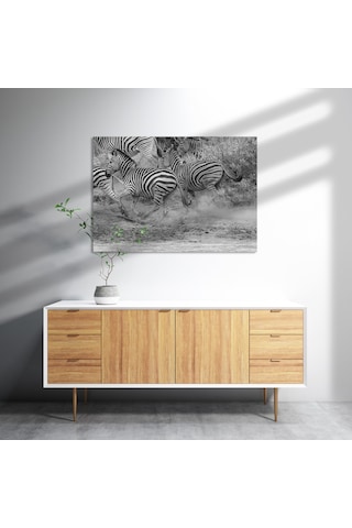 Cakasepetim Su Kenarında Kaçan Zebralar Siyah Beyaz Ahşap Mdf Tablo