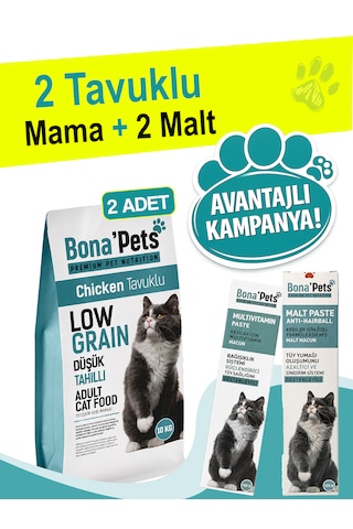 Bona'pets Premium 2'li Düşük Tahıllı Tavuklu Yetişkin Kedi Maması 10kg 2 Adet Malt
