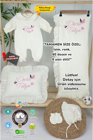 Gros Shop Müslin Yeni Doğan 4katlı Organik %100pamuk Kişiye Özgü Nakışlı Hastane Çıkış Seti-ikili Kelebek Ekru