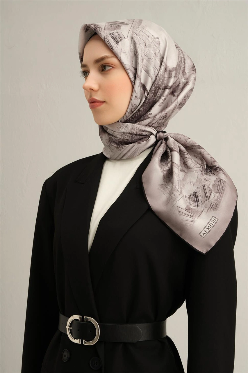 Armine Obje Desenli Saf İpek Twill Eşarp 9326d 81 Gri