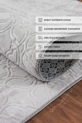 Vl Yıkanabilir Kaymaz Tabanlı Violin Embos Kesme Rulo Halı Yolluk Krem Z1002b Gri-v