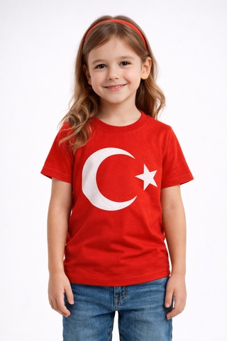 Uğur Bebe Mco Marka Kırmızı Türk Bayraklı Kısa Kollu Çocuk Tişört %100 Pamuk Rahat Kalıp Kırmızı Kırmızı