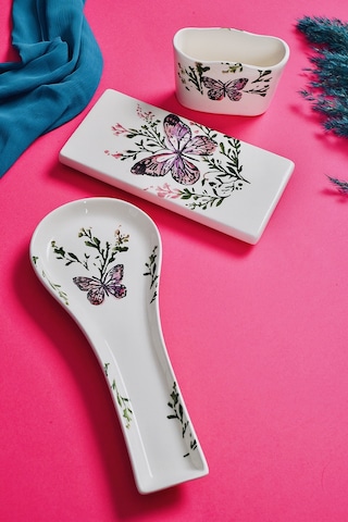 Piatti Naturali 3 Lü Mutfak Seti Kelebek Kaşık Altlığı Süngerlik Yağdanlık