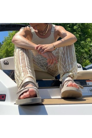 Incerun Artı Boyutu Erkek File Maxi Pantolon See Through Yaz Örgü Tatil Rahat Gevşek Katı Uzun Pantolon Bej