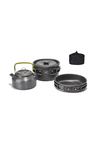 Yifomall Kamp Aluminyum Çamaşır Seti 4'lü Pot, Tava, Çaydanlık, Çanta Sıcaklığa Dayanıklı Dış Mekan Pişirme Gereci Siyah Ds308 Siyah