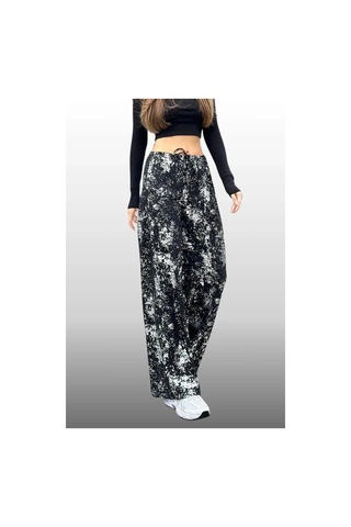 Kadın Varak Baskılı Siyah Renk Mevsimlik Beli Lastikli Geniş Paça Pantolon Siyah
