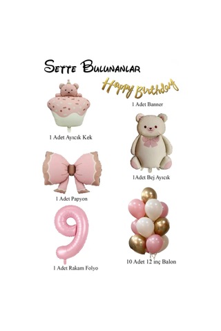 Retro 9 Yaş Ayıcık Temalı Kız Bebek Konsept Doğum Günü Seti Pembe