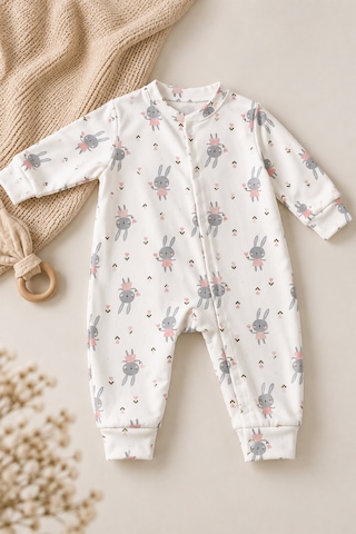 Luppinos Soft Dream Geniş Kalıp %100 Pamuk Tavşan Baskılı Çıtçıtlı Tulum Beyaz