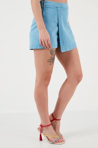 Lela Pamuklu Fermuarlı Asimetrik Mini Bayan Şort Etek 668Yp4411 Mavi