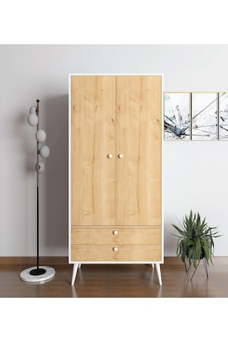 Floradesign Riva Elbise Dolabı / Iki Kapaklı Çekmeceli Dolap / Gardırop Beyaz/meşe