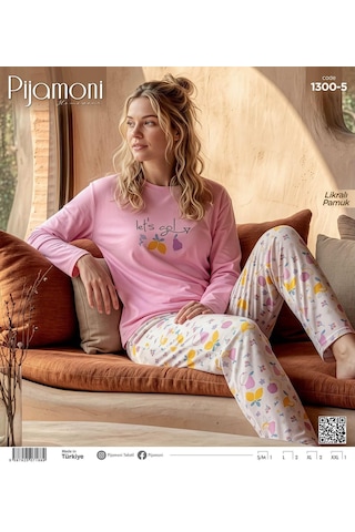 Pijamoni Kadın Likralı Pamuklu Bisiklet Yaka Uzun Kol İnce Pijama Takımı 1300/5 - 1 Adet Pembe