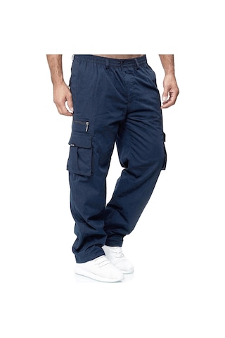Erkek İlkbahar Ve Sonbahar Düz Paça Düz Renk Kargo Pantolon Günlük Çok Cepli Uzun Pantolon Bol Kesim Açık Hava Fitness Pantolonu Lacivert