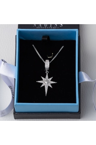 Kuzey Kutup Yıldızı Model Zirkon Taşlı 925 Ayar Gümüş Kadın Kolye-1 Gümüş - Rodyum