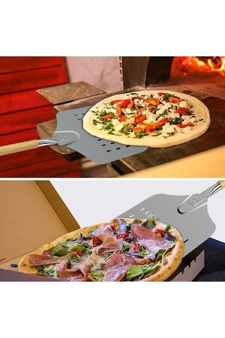 Çıkarılabilir Ahşap Sap Sızıntı Deliği Paslanmaz Çelik Pizza Spatulası Gümüş - Siyah Gümüş - Siyah