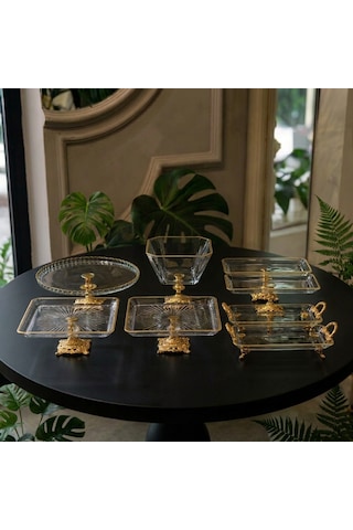8 Parça Ayaklı Ve Kulplu Masa Sunum Tabağı Seti Gold&gümüş Altın 8 Parça Ayaklı Ve Kulplu Masa Sunum Tabağı Seti Gold&gümüş Altın