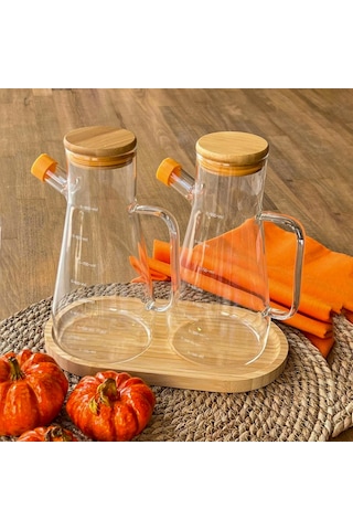 Yağdanlık Cam Şişe 900 Ml Bambu Vakumlu Kapak Ahşap Stantlı İkili