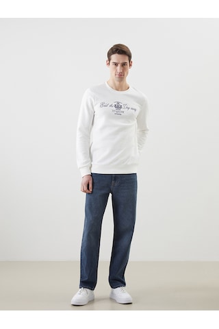 Lcwaıkıkı Classic Beyaz Bisiklet Yaka Baskılı Erkek Kalın Sweatshirt