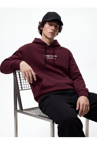 LTB Regular Fit Yazı Baskılı Kapüşonlu Bordo Sweatshırt