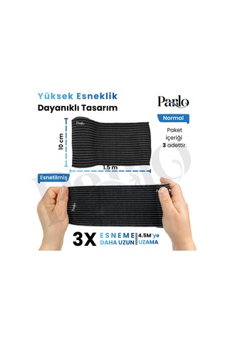 Siyah Elastik Bandaj 10 Cm X 1,5 M 3'lü Set %300 Esnek, 4,5 M'ye Kadar Uzayan, Metal Kancalı Destek Ve Sargı Bandajı