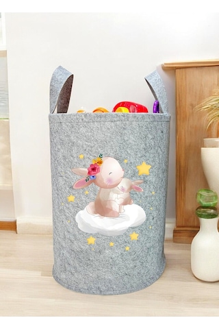 Unisex Tavşan Desenli Bebek Çocuk Odası Düzenleyici Saklama Kutusu Oyuncak Kirli Sepeti 50x40 Cm Gri