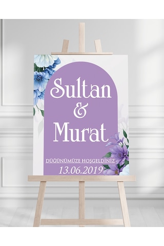 Söz Nişan Düğün İçin 50x70 Karşılama Panosu - Mor Ve Mavi Çiçekli Beyaz