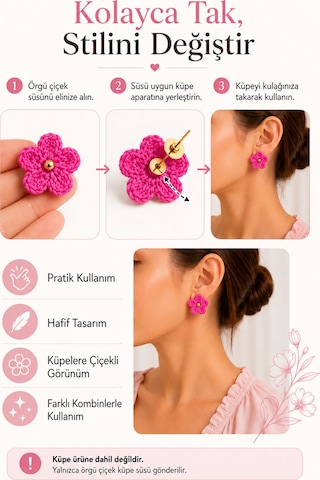 Çiçek Papatya Küpe Süsü Tak Çıkar Küpe Aksesuarı Pembe