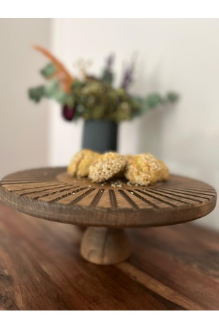 Doğal Ahşap Sunumluk Standı , Ahşap Kek Standı , Ayaklı Doğal Ahşap Sunumluk Siyah Ceviz