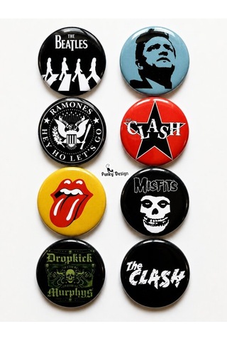 8 Li Set-12 Rock Müzik Temalı Rozet Seti Siyah Kırmızı Sarı Retro Punk Broş Pin Çok Renkli