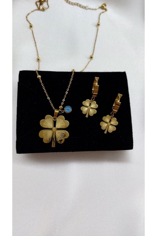 1. Kalite Çelik Yonca Figürlü Nazar Boncuklu Kolye Küpe Seti