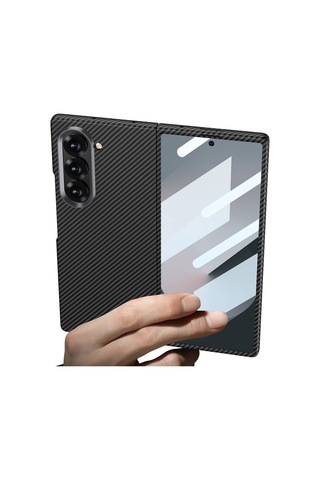 Samsung Galaxy Uyumlu Z Fold 6 Kılıf Kamera Korumalı Karbon Fiber Tasarımlı Arka Yüzey Subutu Kıpta Karbon Kılıf Koyu Yeşil
