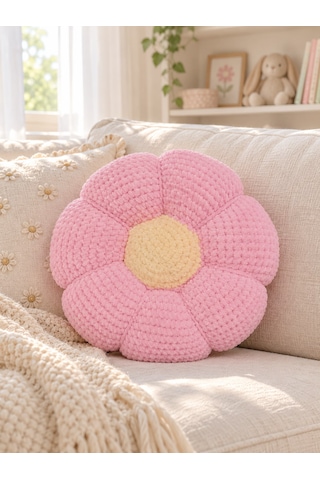 El Yapımı Örgü Çiçek Yastık Yumuşak Dokulu Dekoratif Papatya Kırlent 30 Cm Pembe