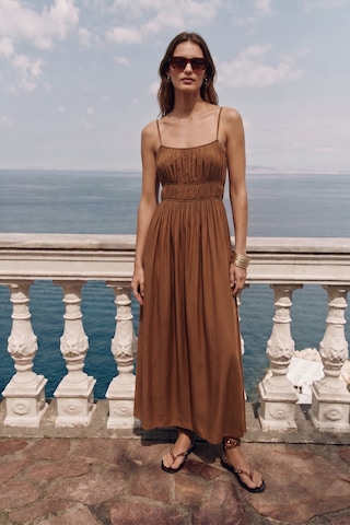 Sateen Askılı Uzun Elbise - Kahve-137493