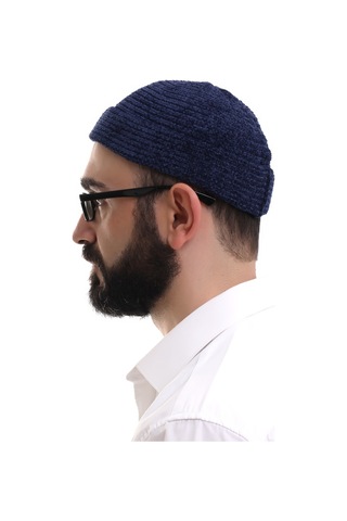 Lacivert Katlamalı Sade Desen Kışlık Kadife Takke Şapka