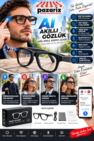 Aı Akıllı Gözlük 8mp Kamera 1080p Video Bluetooth 5.4 Yapay Zeka Asistan 130+ Dil Canlı Çeviri Ses Kayıt Müzik Görüşme Eıs Stabilizasyon Ipx5 Akıllı Güneş Gözlüğü Gerçek Zamanlı Çeviri Hafıza