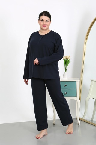 Akbeniz Kadın Büyük Beden Uzun Kol Penye Pijama Takımı Lacivert 202501 Lacivert