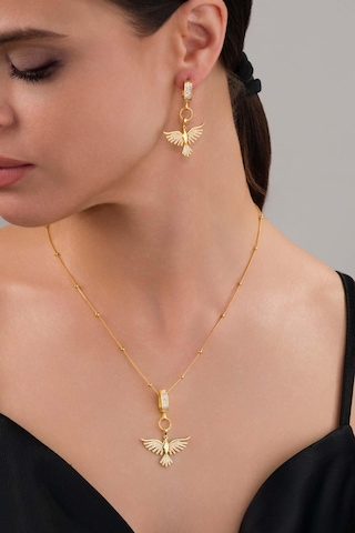 Gümüş Pazarım Altın Kaplama 925 Ayar Gümüş Top Zincirli Anka Kuşu Kolye Küpe Set 06844948