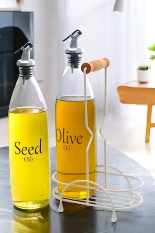 Digithome Aura 2'li Krem Metal Standlı Ahşap Saplı Yağdanlık Seti Şeffaf Etiketli Cam Yağlık 1000 Ml Cys-20 Krem