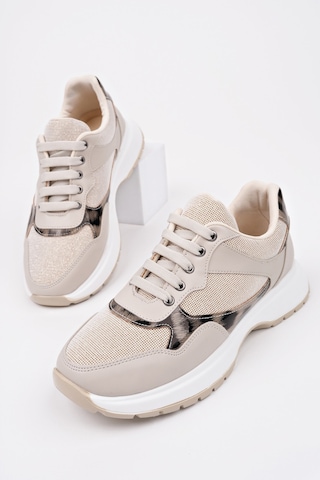 Muggo Melody Kadın Kalın Taban Günlük Leopar Desenli Bağcıklı Sneaker Spor Ayakkabı Ten