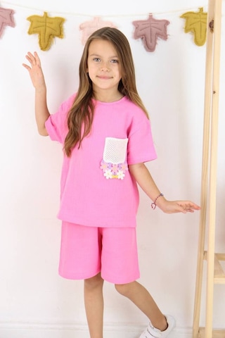 Örme Nakışlı Müslin Şort Takım Pembe
