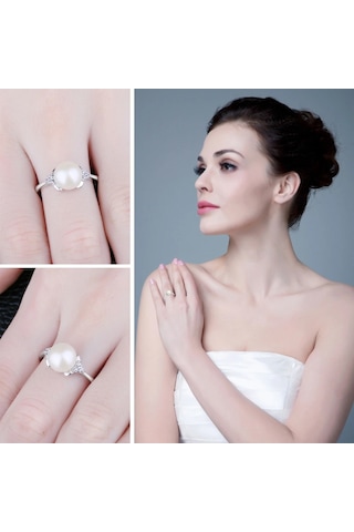 Brezza Lusso Zarif Tasarım Diamond Model İnci Kadın Gümüş Yüzük