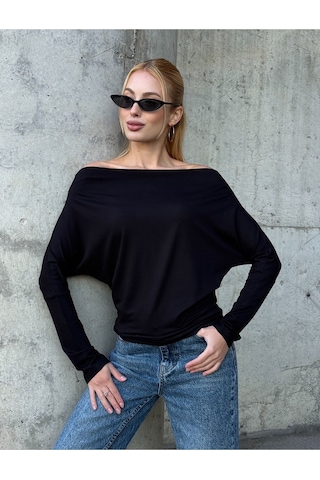 Kadın Kayık Yaka Full Esnek Asimetrik Kesim Comfort Spor Şık Tasarım Yumoş Bluz Siyah